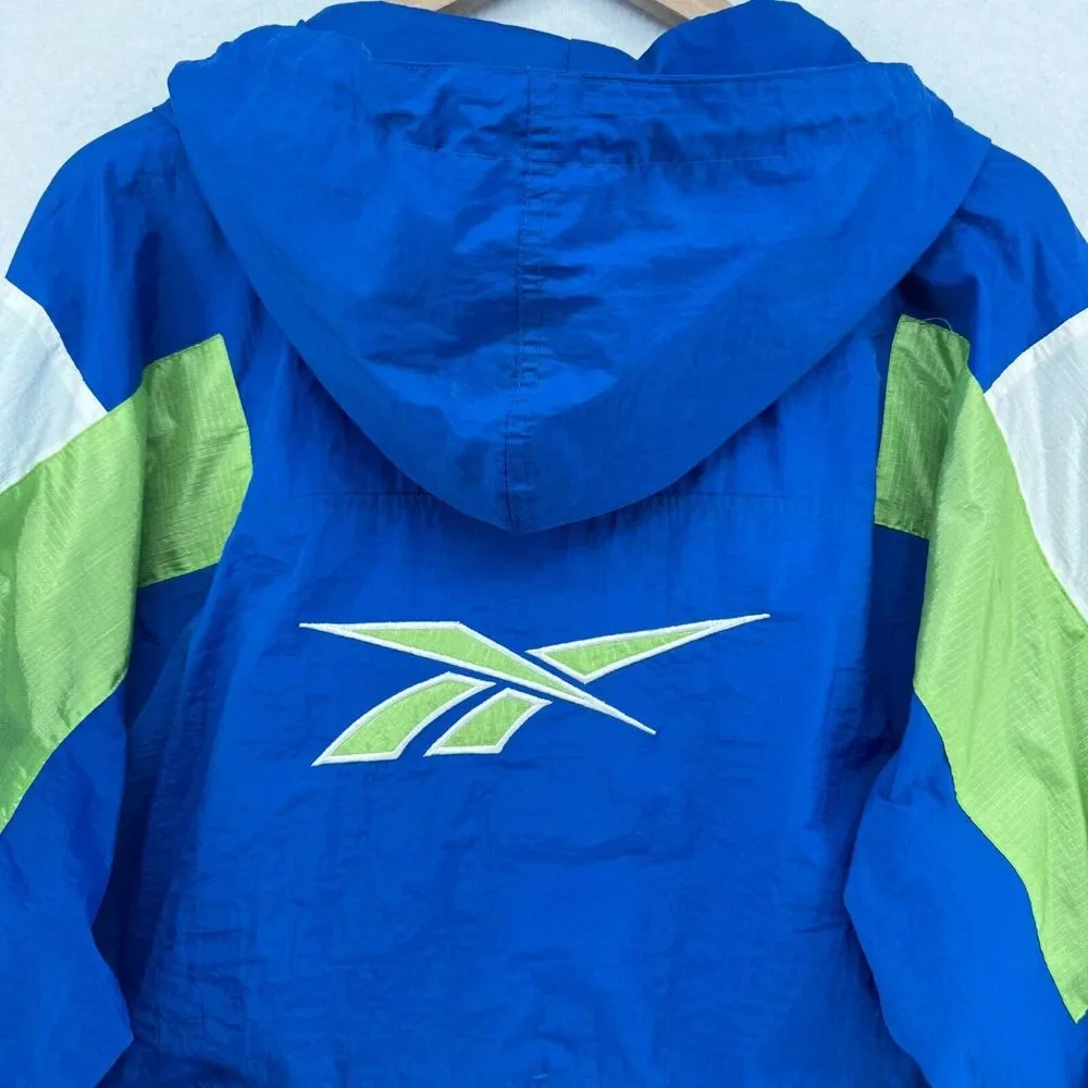 REEBOK Jacket Mens M Hoodie Windbreaker Vented Mesh Nylon Rain Coat Blue VTG - Picture 4 of 15